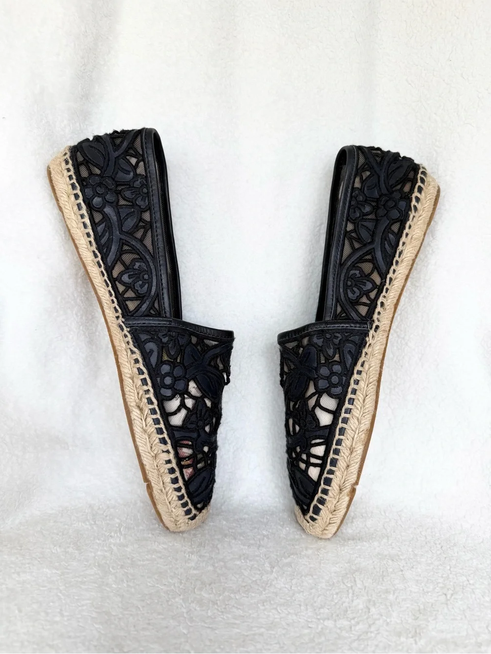 Tory Burch Black Cotton Lace and Leather Jackie Espadrilles 10.5